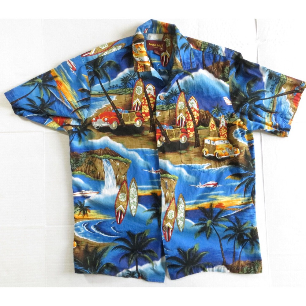 Mens Aloha Mo'i Hawaiian Camp Shirt Surf Boards Woody Cars Palm Trees Size Small
